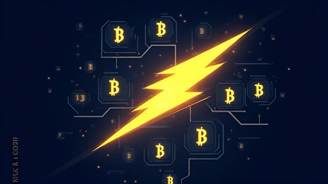 Stylized graphic of a lightning bolt traversing between Bitcoin symbols, representing the speed and efficiency of the Lightning Network for mainstream payments.