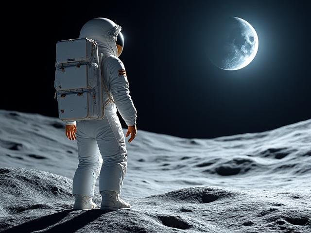 NASA's Artemis III astronaut walking on the moon with Earth visible overhead