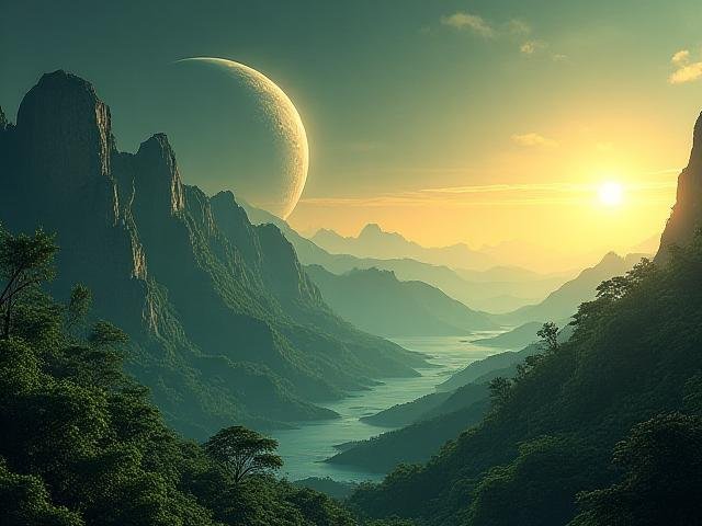 Artistic impression of a habitable exoplanet with two moons and a ring system